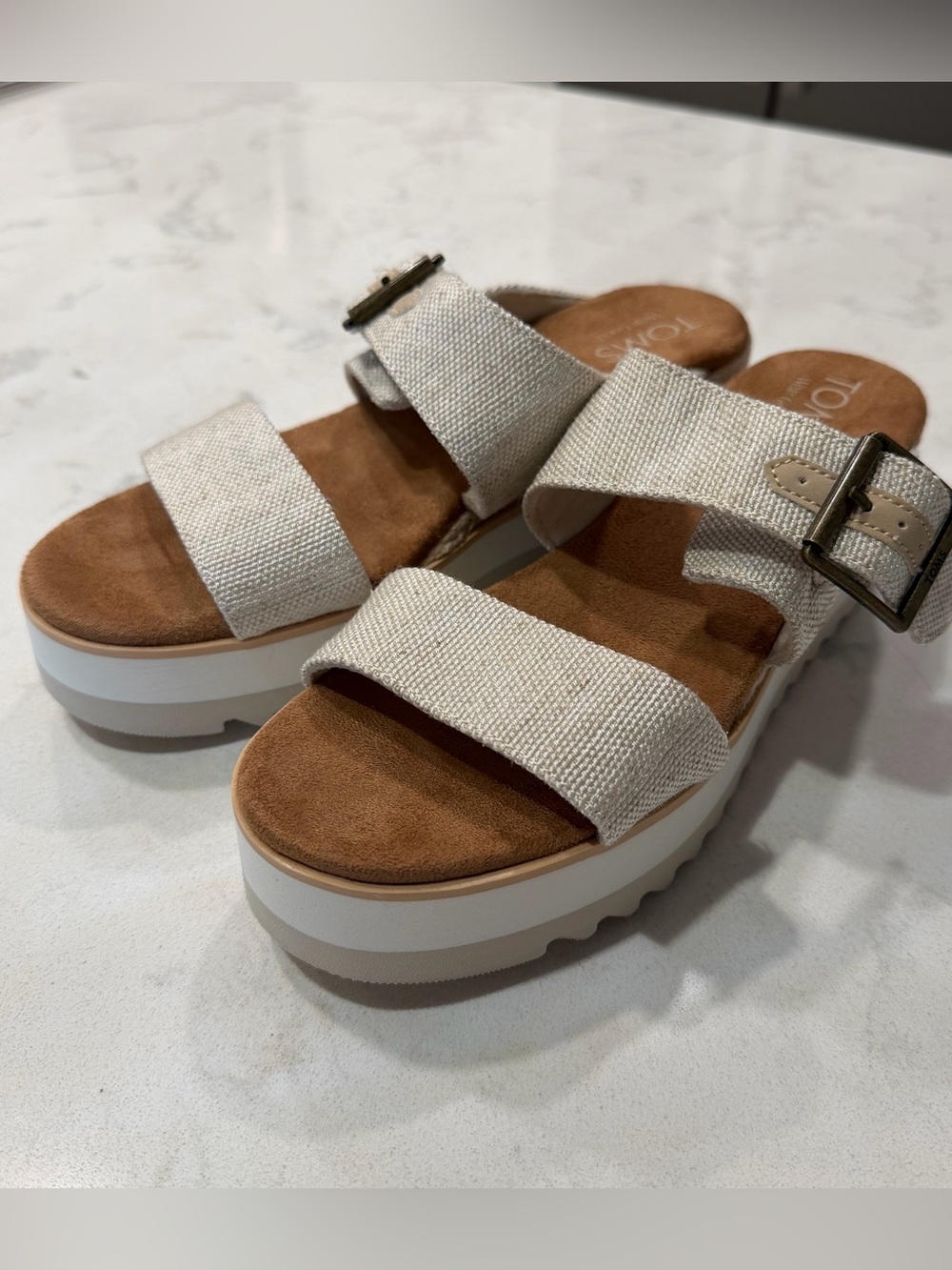 Toms Neutral Canvas Double-Strap Platform Sandals